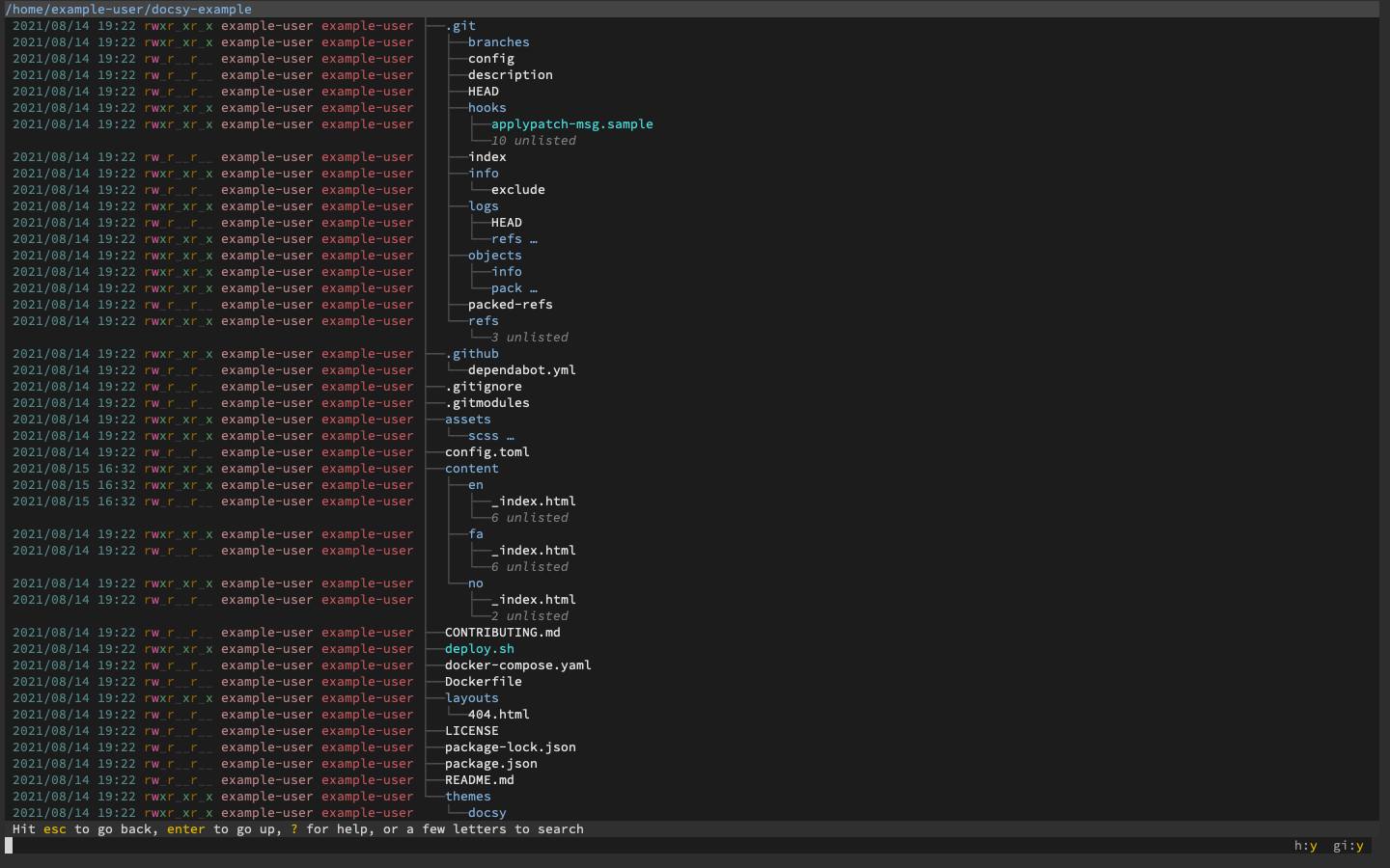 A broot directory tree with the details of ls -al